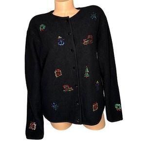 Vtg Tabi Womens Christmas Sweater Cardigan Black 100% Wool Holiday Sequins Sz M